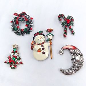 Lot of 5 Christmas Theme Rhinestone Brooch Pin Wreath Candy Cane Snowman Santa